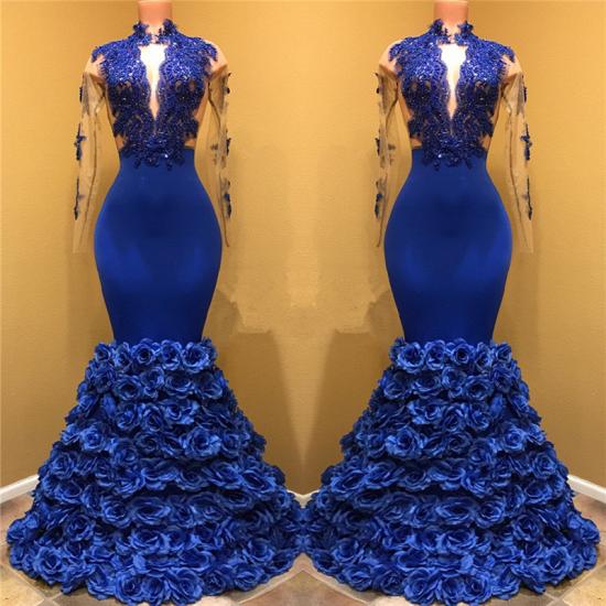Royal Blue Rose Bottom Prom Dress 2022 | Long Sleeve Lace Mermaid Prom Gown_3