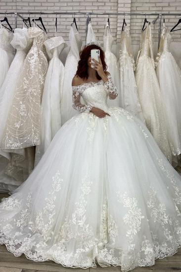 Romantic Off Shoulder Lace Ball Gown White Spring Bridal Gown Long Sleeves_2