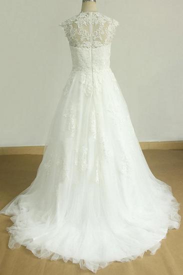 Glamouröses ärmelloses Tüll-Hochzeitskleid mit Applikationen | Brautkleider in A-Linie mit Spitzenträgern_3