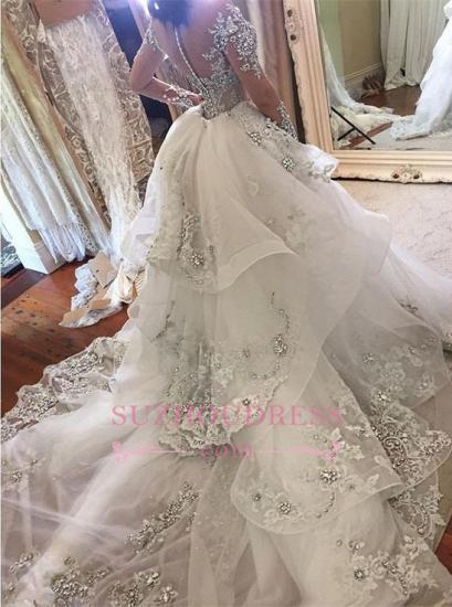 Glamorous Long Sleeves Tulle High Neck Bride Dresses Appliques Wedding Dresses with Detachable Overskirt_1