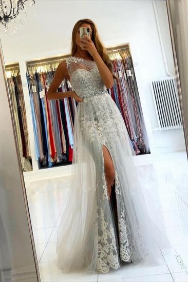 Charming Sleeveless Lace Mermaid Evening Dress with Side Split Tulle Train_1