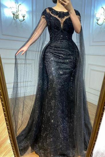 Charming Black Scoop Neck Mermaid Prom Dress with Tulle Cape