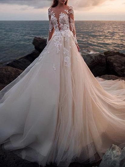 Beach A-Line Wedding Dress Jewel Lace Tulle Long Sleeves Sexy See-Through Bridal Gowns with Court Train_3