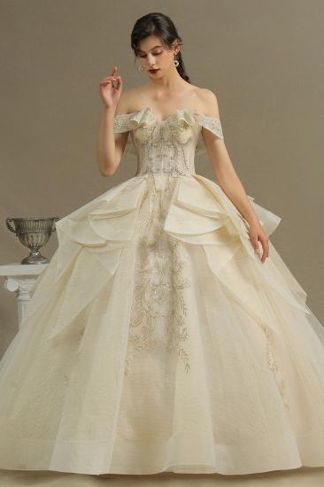 Gorgeous Off-the-Shoulder Floral Appliques Ball Gown Ivory aline Bridal Gown_1
