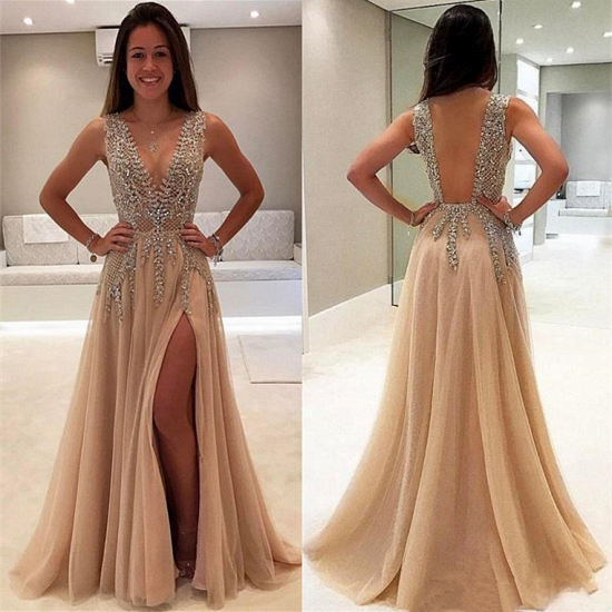 V-Neck A-line Crystal Prom Dresses | Sleeveless Side Slit Evening Dresses_3