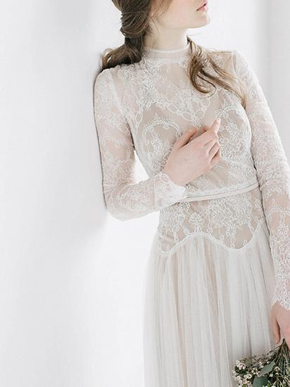 Boho See-Through A-Line Wedding Dress High Neck Tulle Long Sleeve Bridal Gowns Casual Sweep Train_3