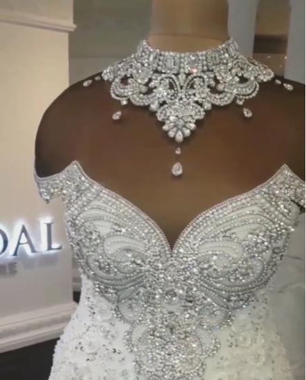 Sexy Mermaid Short Sleeves Bridal Gowns 2022 | Elegant Crystal High Neck Wedding Dresses_3