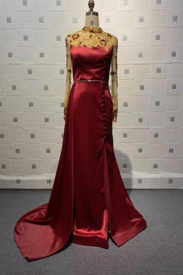 Luxurious Dignity Gold Floral Applique Long Sleeve Red Evening Dress