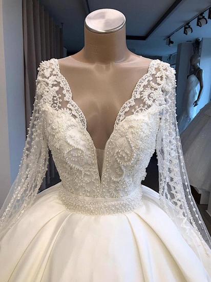 V-Ausschnitt Langarm Ballkleid Brautkleid 2022 | Luxus-Brautkleider aus Satin mit perlenbesetzter Spitze online_4