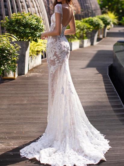 Mermaid Wedding Dresses Jewel Lace Tulle Short Sleeve Bridal Gowns Country Plus Size Sweep Train_2