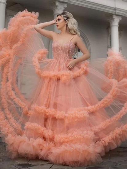 Sexy Spaghetti Straps Coral Evening Gowns | Stylish Sleeveless Tulle Ruffles Long Prom Dresses for Juniors_2