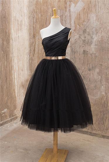 Black One Shoulder Tea Length Prom Dress with Gold Belt Latest Tulle Simple Homeccoming Dress