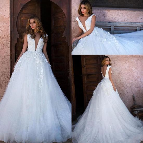 Glamorous V-Neck Cap Sleeves A-line Wedding Dress | Long Lace Appliques Bridal Gowns_2