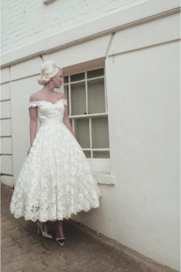 Off Shoulder Floral Lace Wedding Dress Aline Ankle Length Garden Bridal Dress_1