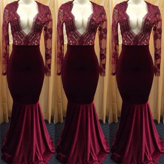 Sexy Deep V-neck Burgundy Lace Long Sleeve Prom Dress 2022 Mermaid Velvet Evening Gown_3