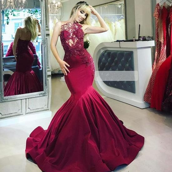 2022 Burgundy Sleeveless Mermaid Prom Dresses | Cheap Lace Beads Evening Dress_4