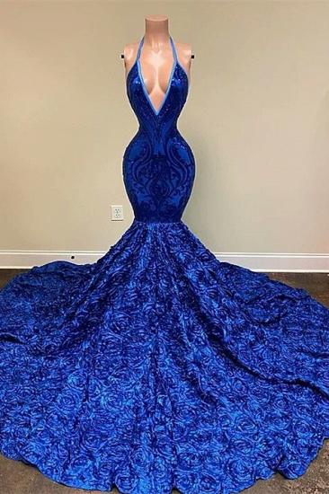 Navy blue v-neck mermaid sequin prom dress with flowers