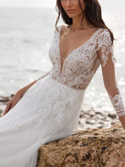 Beach Illusion A-Line Wedding Dress V-Neck Tulle 3/4 Length Sleeve Bridal Gowns Sweep Train_2