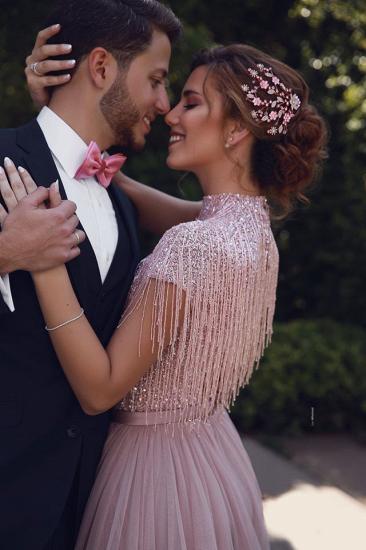 Special High Neck Tassel Beading Cap Sleeves Princess Prom Dresses | Blushing Pink Evening Gowns_3