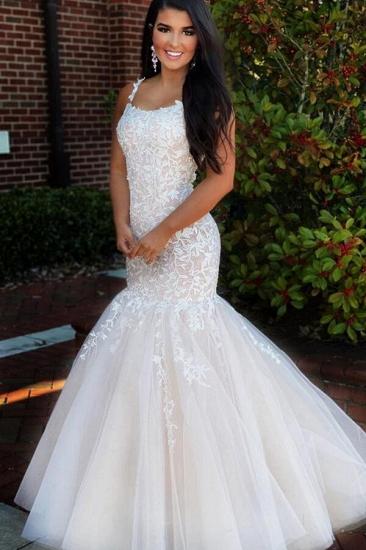 Elegant White Straps Tulle Lace Appliques Mermaid Bridal Gown