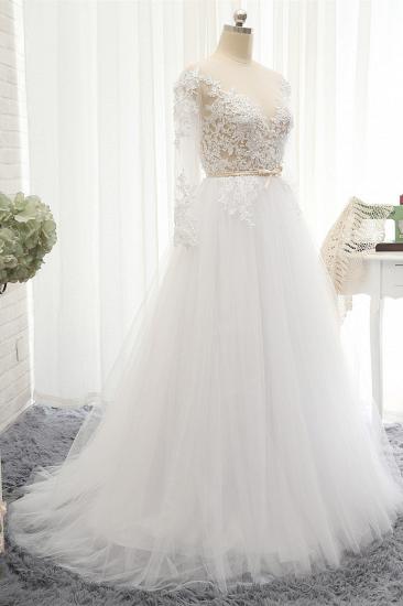 TsClothzone Affordable White Tulle Ruffles Lace Wedding Dresses Jewel Longsleeves Bridal Gowns With Appliques On Sale_4