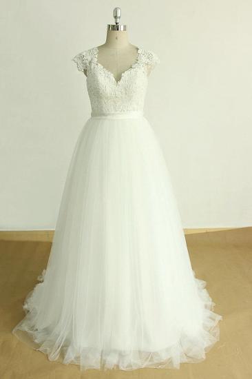 Stilvolles weißes Tüll-Spitzen-Hochzeitskleid | Applikationen A-Linie Rüschen Brautkleider