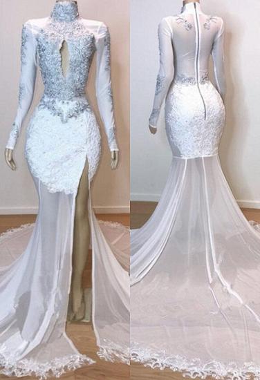 White Stunning Lace Long Sleeves Prom Dresses | Sheer Tulle Slit Mermaid Evening Gowns_1