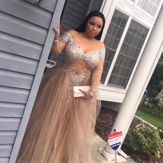 Delicate Plus-Size Stunning Long-Sleeve Tulle Split Crystal Prom Dress_4