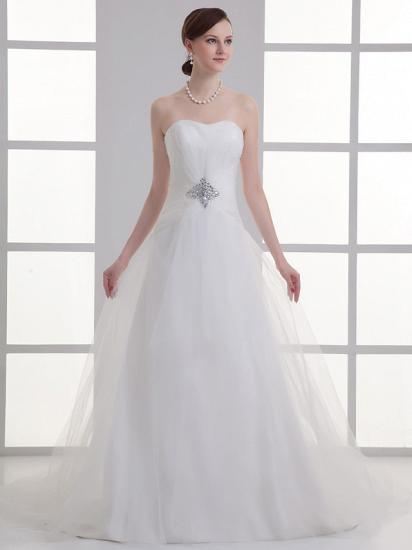 Boho A-Line Wedding Dress Sweetheart Lace Satin Strapless Bridal Gowns with Chapel Train