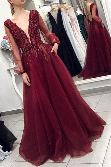 Maroon V-Neck Long Sleeves Applique Prom Dresses | Tulle Evening Dresses with Beads_1