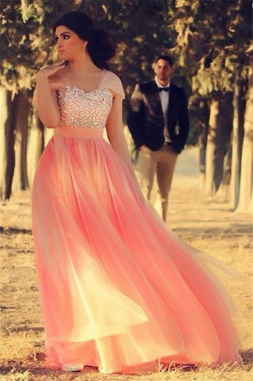 Cute Pink Crystal Short Sleeve Prom Dress New ArrivaL Tulle Long Evening Dress for Women