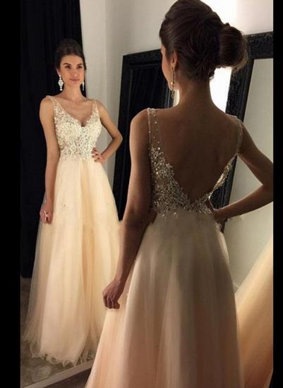 Open Back Lace Champagne Evening Gowns Cheap V-Neck A-line Beaded Long Prom Dresses 2022_1