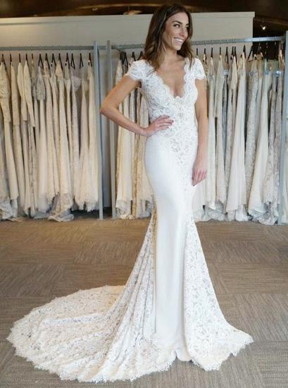 White V-Neck Lace Appliques Mermaid Bridal Gown| Backless Cap Sleeve Long Wedding Dress