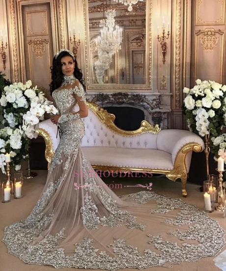 Long Sleeve Silver High Neck Popular Evening Dress Lace Mermaid Luxury Wedding Dresses_1