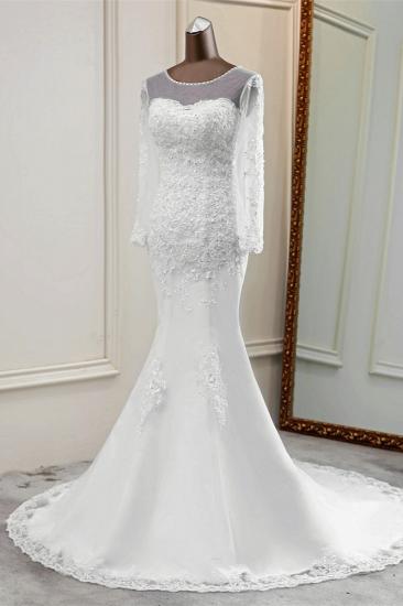 TsClothzone Elegant Jewel Long Sleeves White Mermaid Wedding Dresses with Rhinestone Applqiues_4
