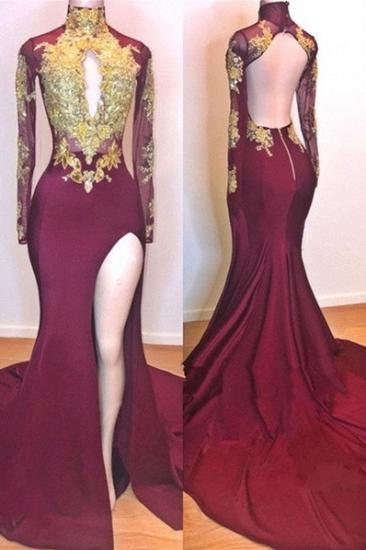 Burgundy Gold Appliques Evening Gowns | Long Sleeves Side Slit Open Back Mermaid Prom Dresses_1