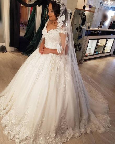 Stunning Off Shoulder V-Neck Tulle Lace Appliques Wedding Dress Aline Bridal Dress_3