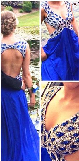 Blue Chiffon Backless Junior Prom Dresses Open Back Crystal Sexy V Neck Evening Gowns Formal Dresses_1