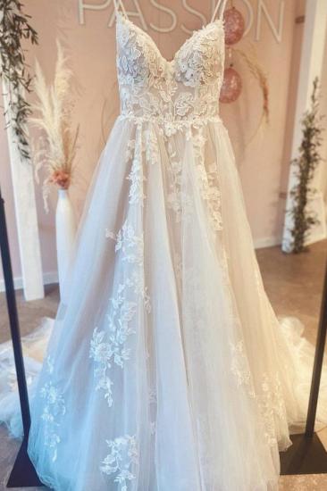 Elegant Spaghetti Strap White Floral Erin Wedding Dress Sleeveless Lace Bridal Dress_2