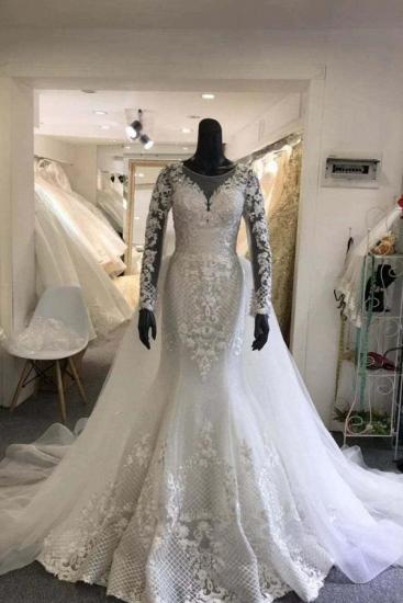 Long sleeves V-neck Tulle White Mermaid Dresses for Wedding_1