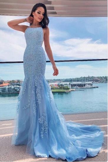 Spaghetti Straps Sky Blue Lace Tull Mermaid Party Gown Prom Wear Dress_1