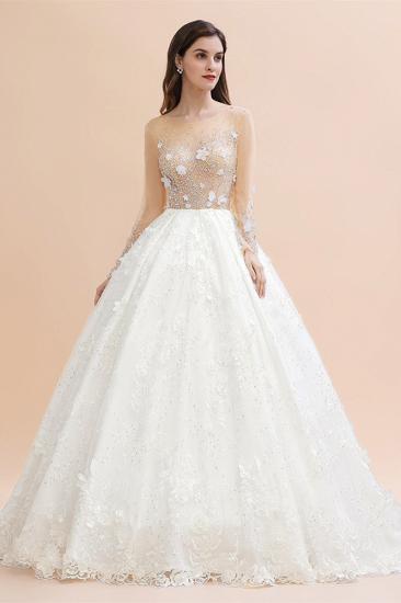 Charmantes Hochzeitskleid mit floralen Spitzenapplikationen Wunderschönes weißes Perlen-Brautkleid_3