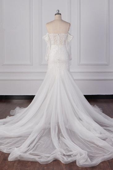 TsClothzone Wunderschönes trägerloses weißes Tüll-Spitzen-Hochzeitskleid mit langen Ärmeln und Perlenbesatz Brautkleider im Angebot_3
