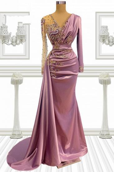 V-Neck Satin Long Sleeve Floor-Length Ball Gown Prom Dress