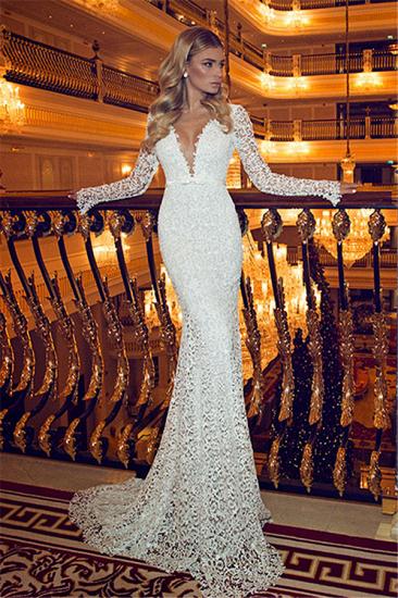 Sexy V-Neck Backless Lace Wedding Dresses 2022 Long Sleeve Mermaid Bridal Gowns with Bowknot