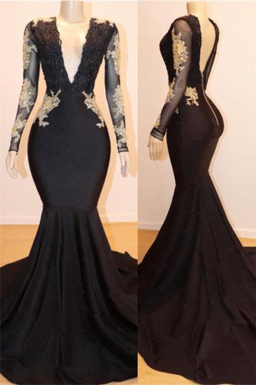 V-neck Gold Lace Open Back Prom Dresses Cheap | Mermaid Long Sleeve Sexy Black Graduation Dress 2022_2
