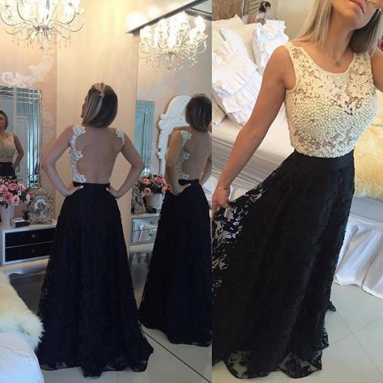 2022 Black and White Lace Prom Dress Pearls Sleeveless Stitching Color Evening Gown_4