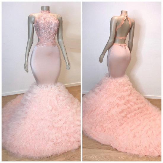 Pink Halter Sleeveless Mermaid Prom Dresses | Chic Open Back Lace Tulle Evening Gowns_4