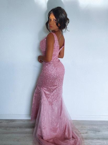 Pink v-neck high split floor length prom dress_4