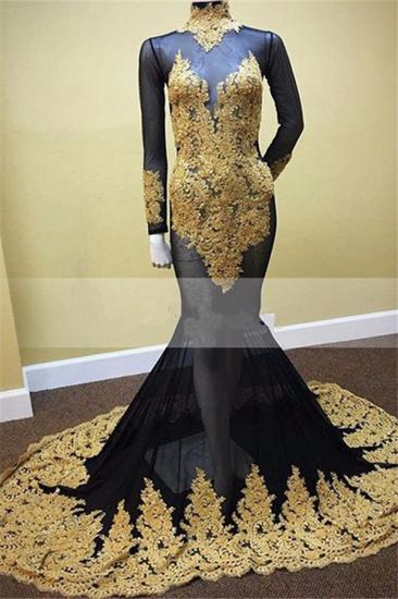 Black Mermaid Long Sleeves Prom Dresses 2022 Gold Applique High Neck Illusion Evening Gowns_1
